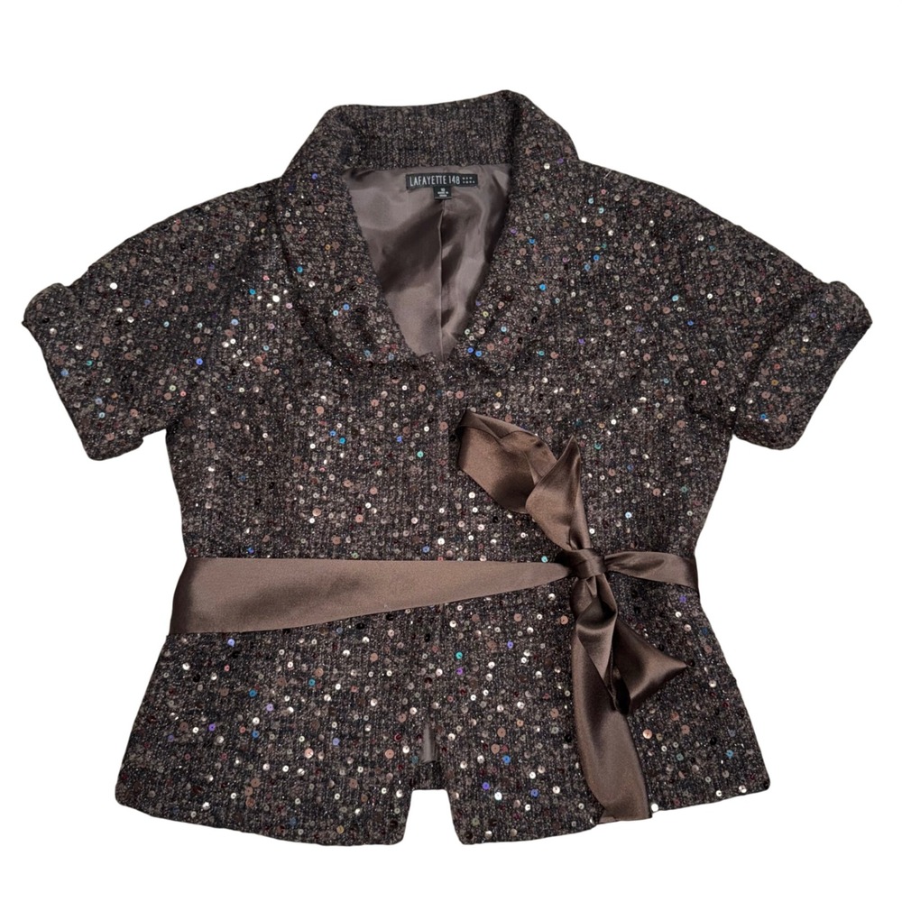 Lafayette 148 Jacket Women 10 Brown Sequin Wool Silk Bow Tweed Short Sleeve